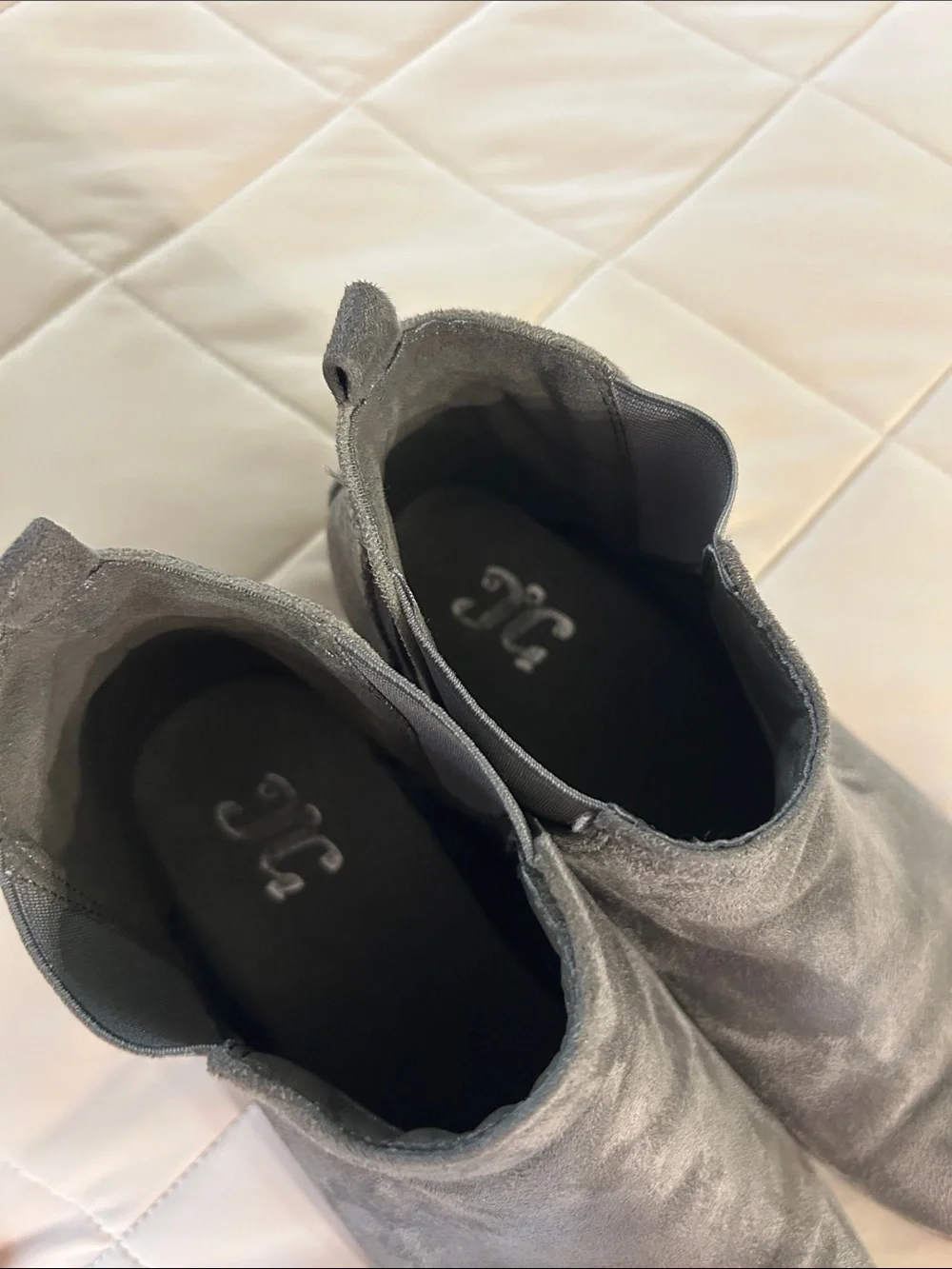 Grey Suede Chelsea Ankle Booties with Textured Heel